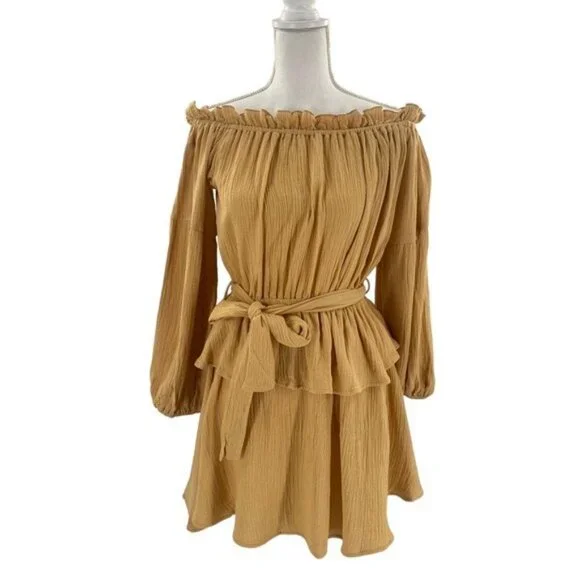 Petal & Pup NEW Callie Off the Shoulder Gauzy Ruffle Mini Dress Yellow Size L - Picture 3 of 11